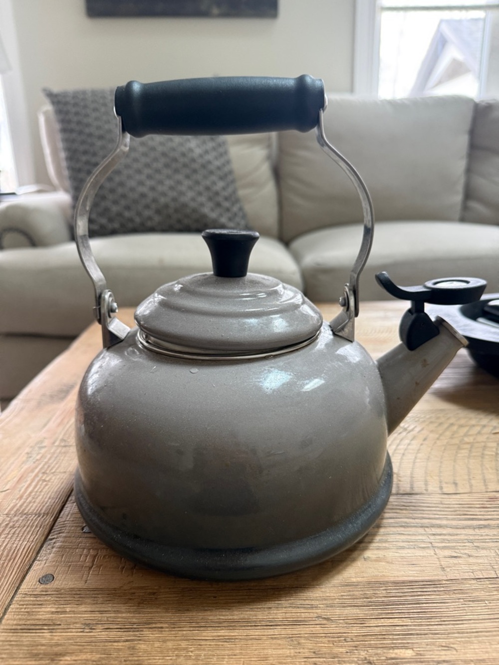 Le Creuset Gray Enamel Whistling Kettle with Black Handle